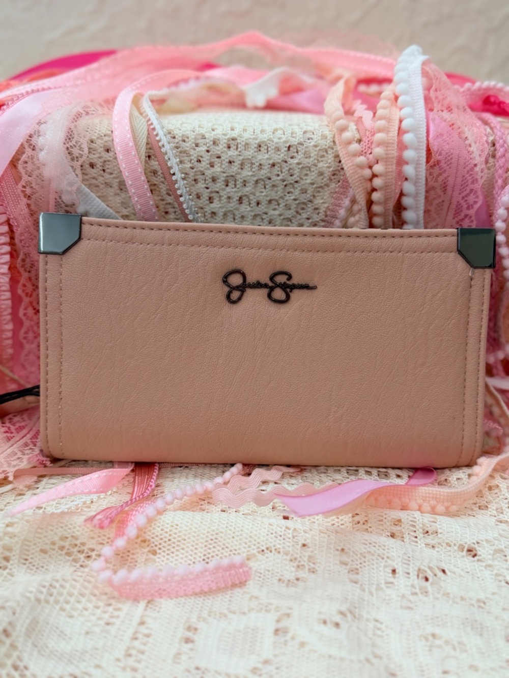 Jessica Simpson Peach Blush Faux Leather Wallet with Metal Corners